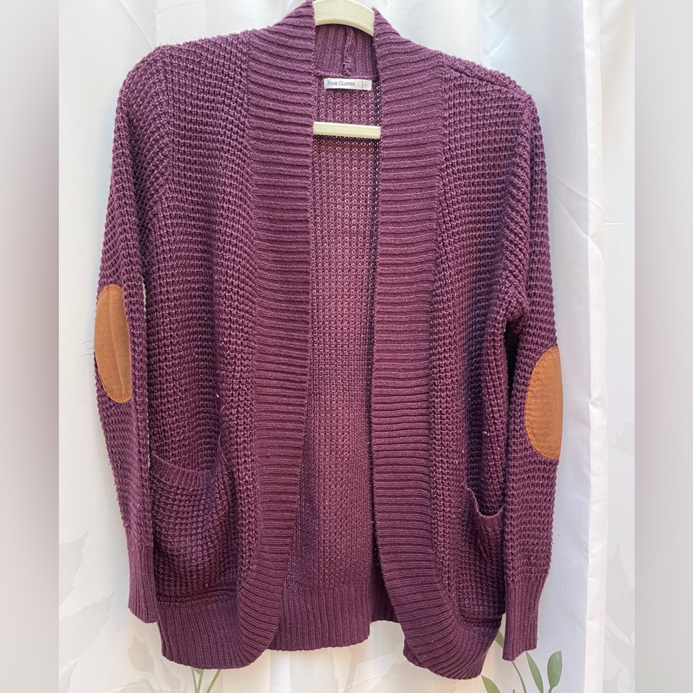 Pink Clover Arianna Elbow Patch Textured Cardigan - Dark Purple / Burgundy - Lg